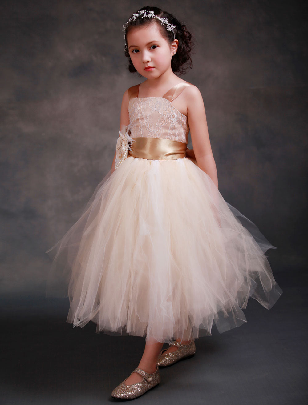 Champagne Princess Lace Straps Flower Sash Tulle Tea Length Toddler'S Tutu Dress-showprettydress