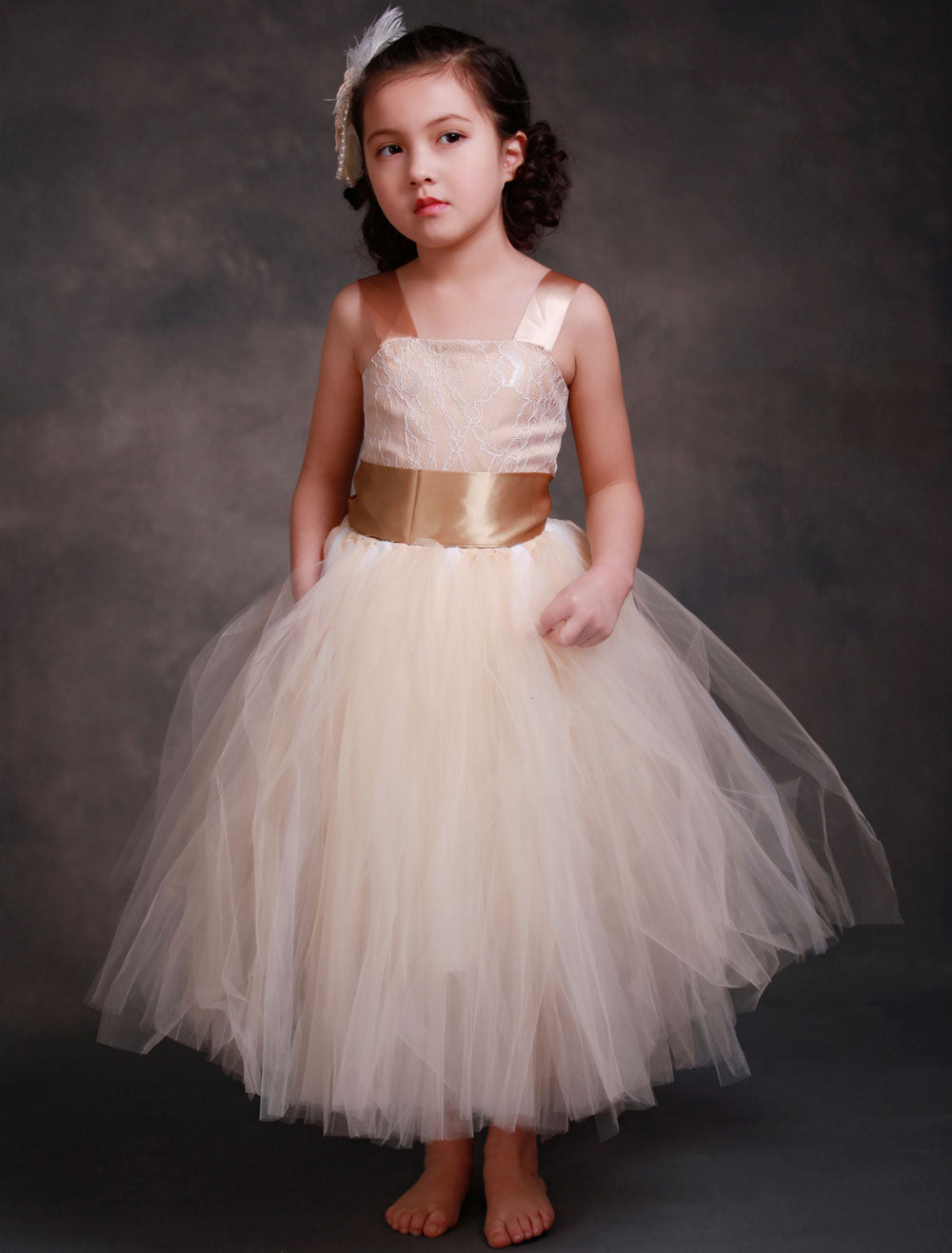 Champagne Princess Lace Straps Flower Sash Tulle Tea Length Toddler'S Tutu Dress-showprettydress