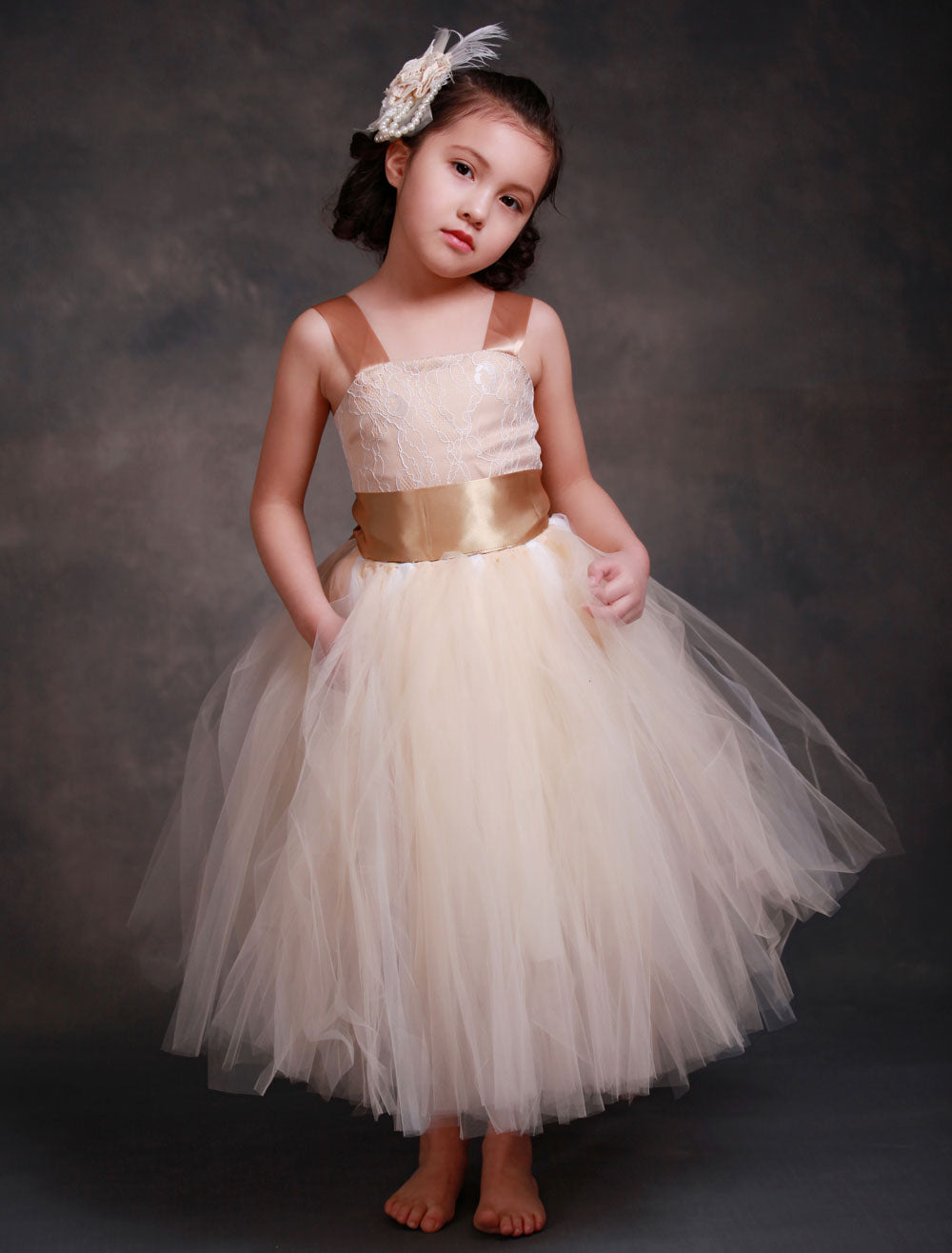 Champagne Princess Lace Straps Flower Sash Tulle Tea Length Toddler'S Tutu Dress-showprettydress