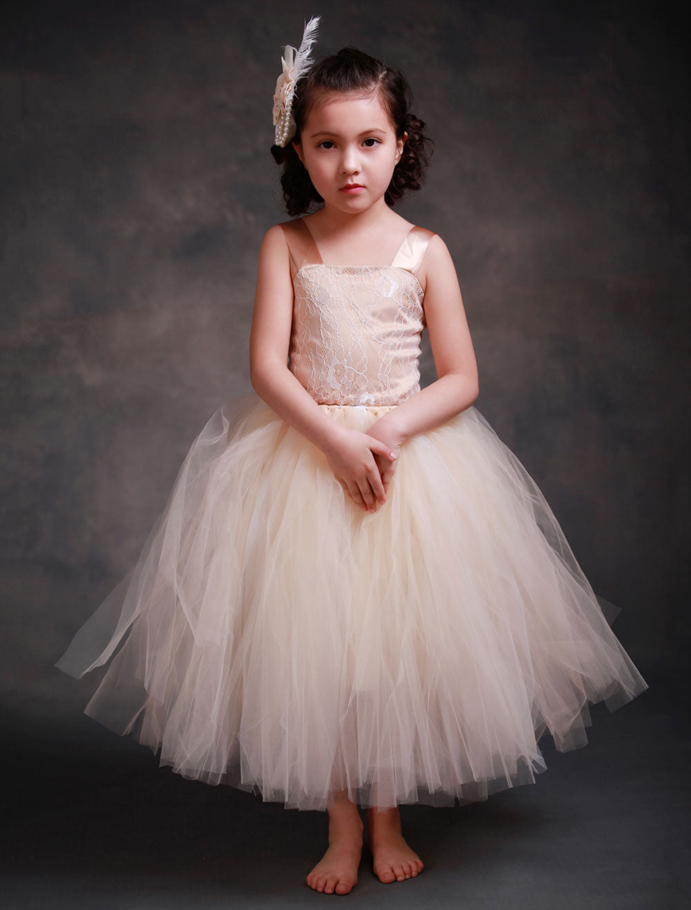 Champagne Princess Lace Straps Flower Sash Tulle Tea Length Toddler'S Tutu Dress-showprettydress