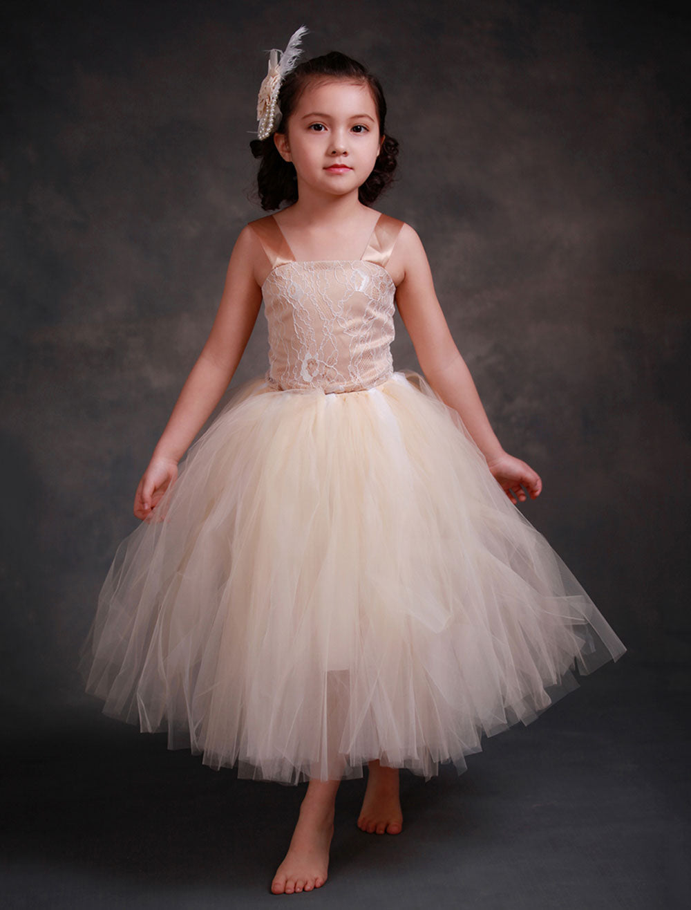 Champagne Princess Lace Straps Flower Sash Tulle Tea Length Toddler'S Tutu Dress-showprettydress