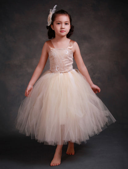 Champagne Princess Lace Straps Flower Sash Tulle Tea Length Toddler'S Tutu Dress-showprettydress