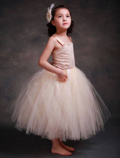 Champagne Princess Lace Straps Flower Sash Tulle Tea Length Toddler'S Tutu Dress-showprettydress