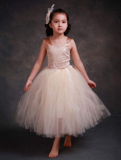 Champagne Princess Lace Straps Flower Sash Tulle Tea Length Toddler'S Tutu Dress-showprettydress