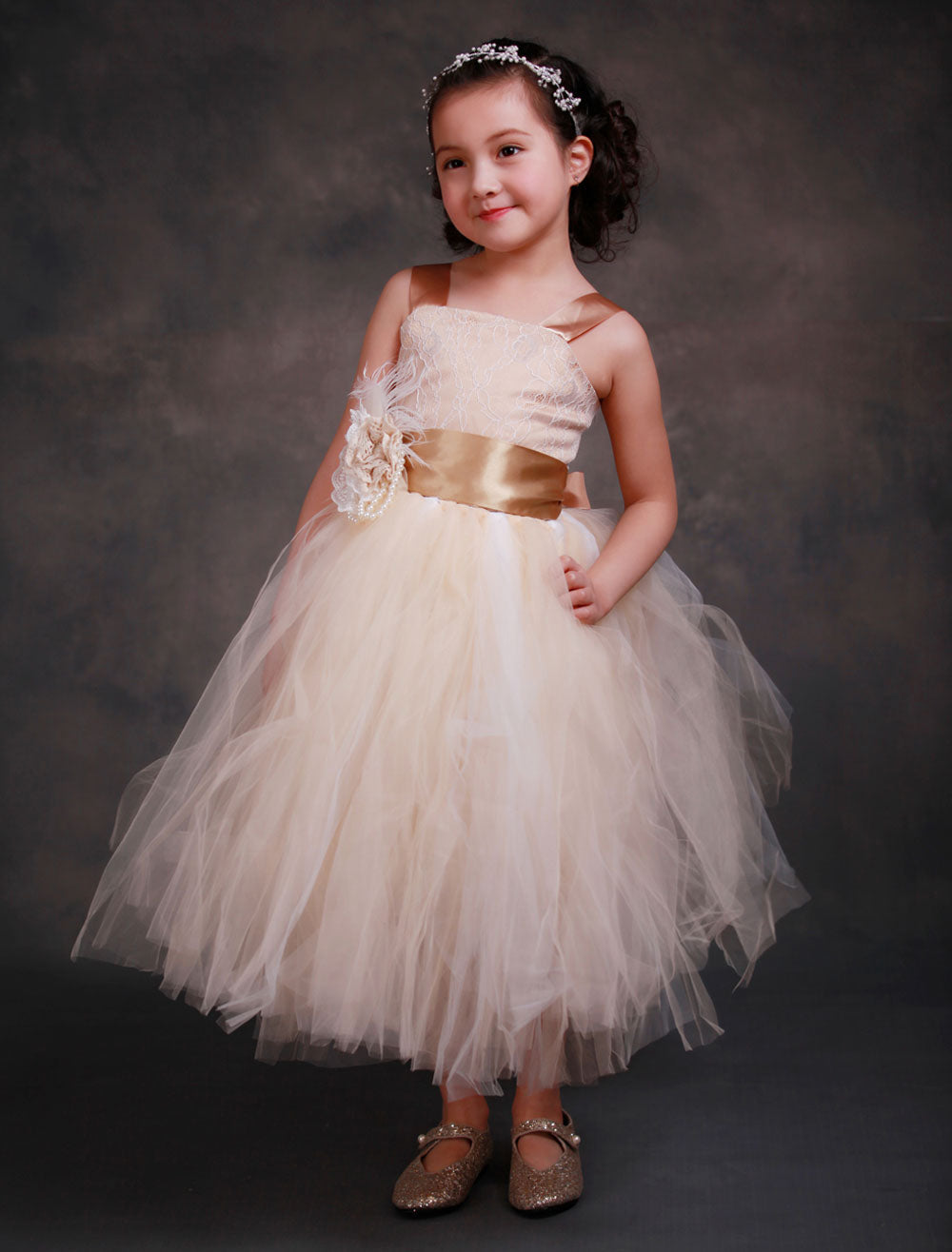 Champagne Princess Lace Straps Flower Sash Tulle Tea Length Toddler'S Tutu Dress-showprettydress