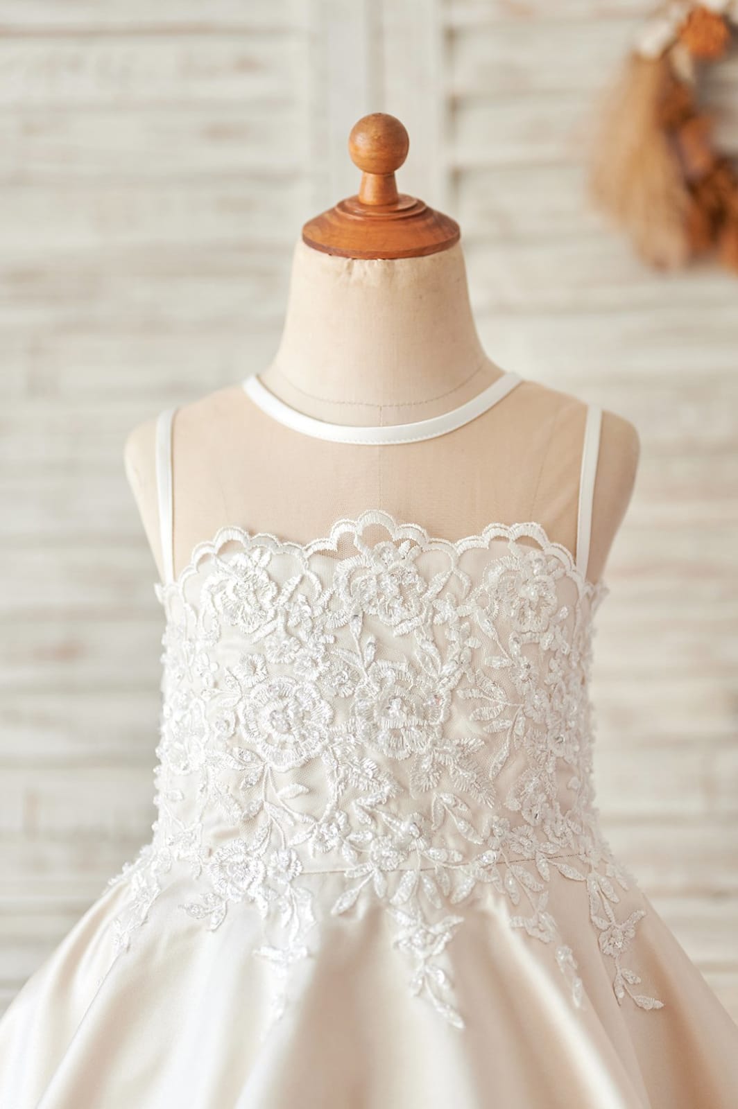 Champagne Satin Ivory Lace Sheer Back Wedding Flower Girl 