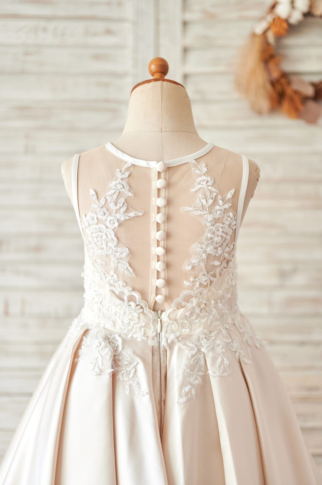 Champagne Satin Ivory Lace Sheer Back Wedding Flower Girl 