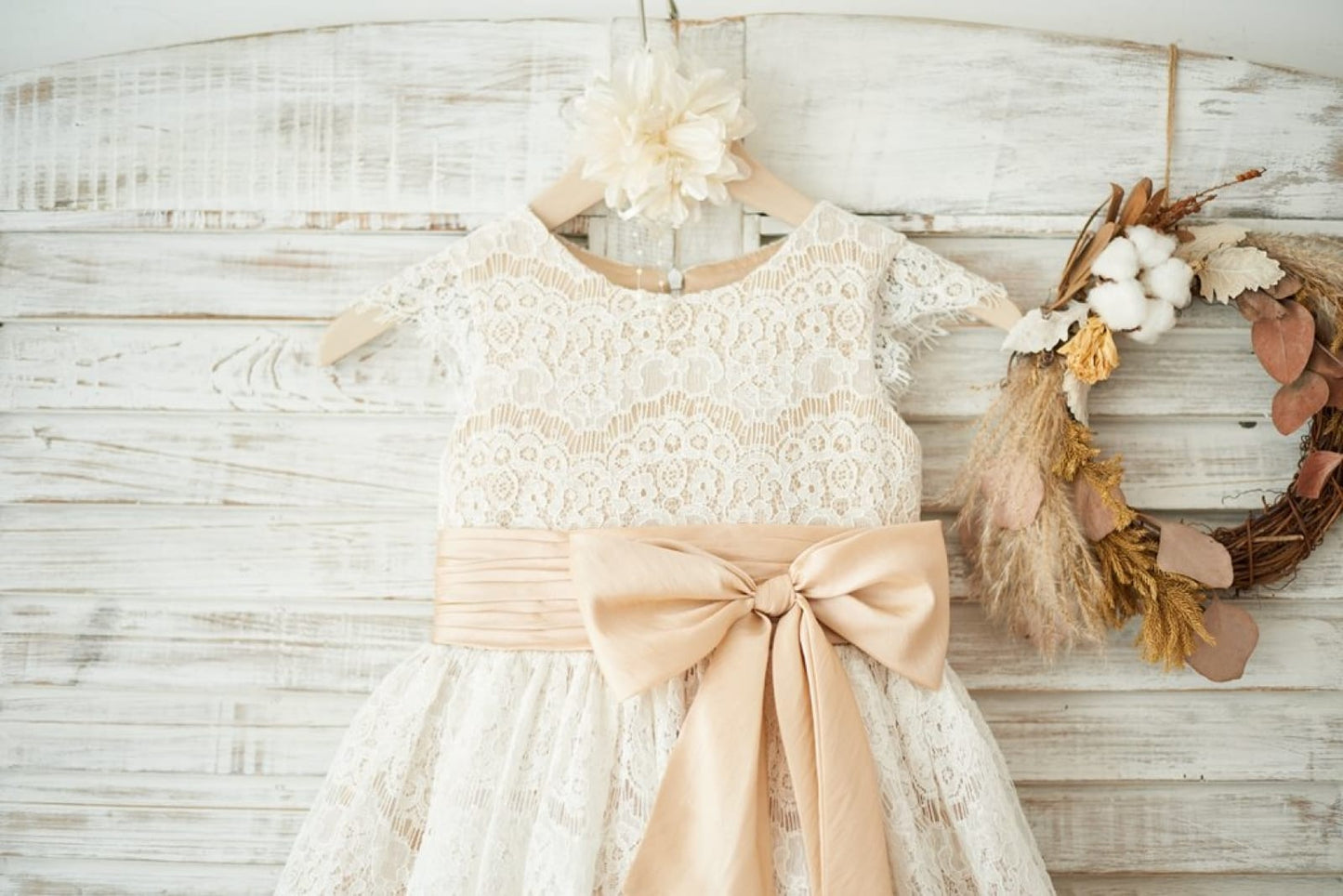 Champagne Satin Ivory Lace Cap Sleeves Wedding Flower Girl 