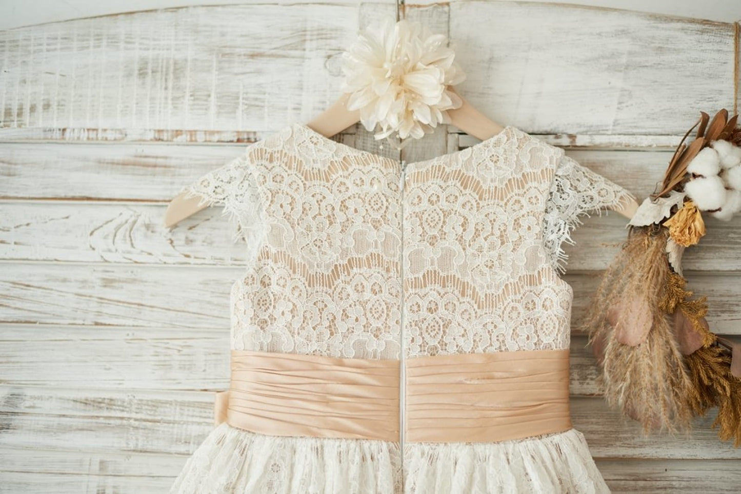 Champagne Satin Ivory Lace Cap Sleeves Wedding Flower Girl 