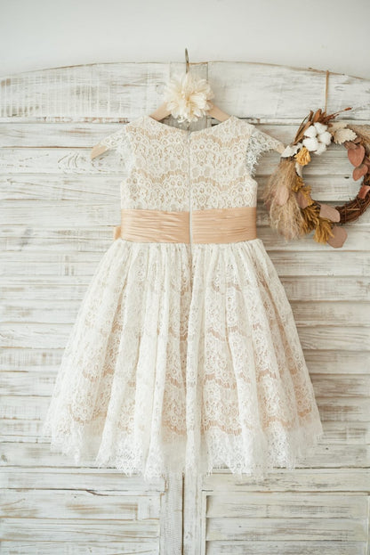 Champagne Satin Ivory Lace Cap Sleeves Wedding Flower Girl 