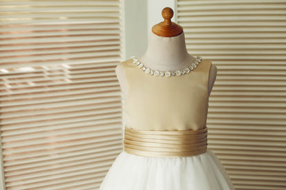 Champagne Satin Ivory Tulle Wedding Flower Girl Dress with 