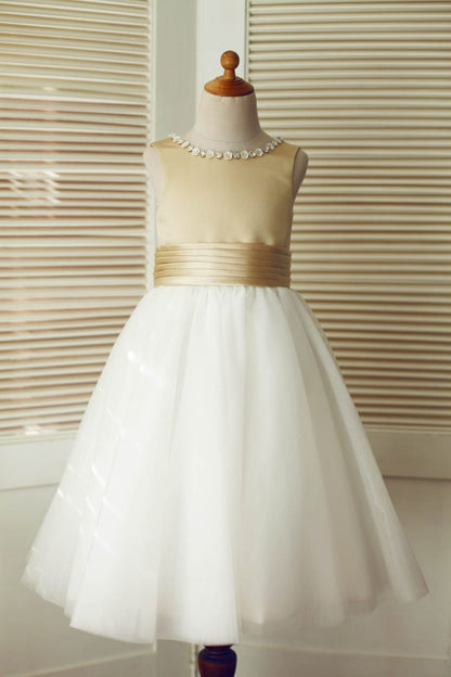 Champagne Satin Ivory Tulle Wedding Flower Girl Dress with 