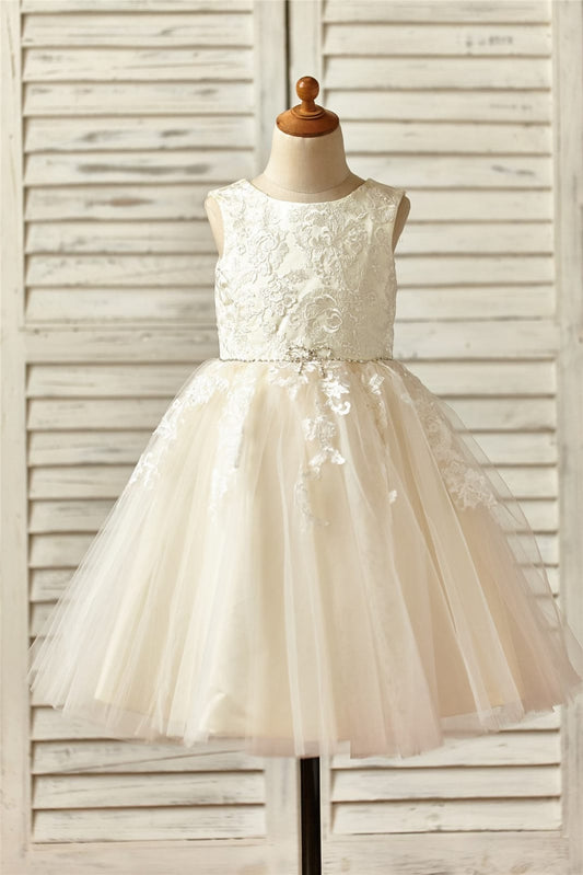 Champagne Satin Tulle Flower Girl Dress with Beaded Sash