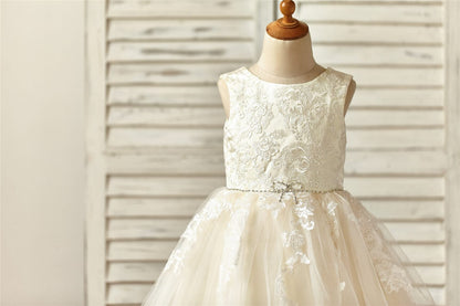 Champagne Satin Tulle Flower Girl Dress with Beaded Sash