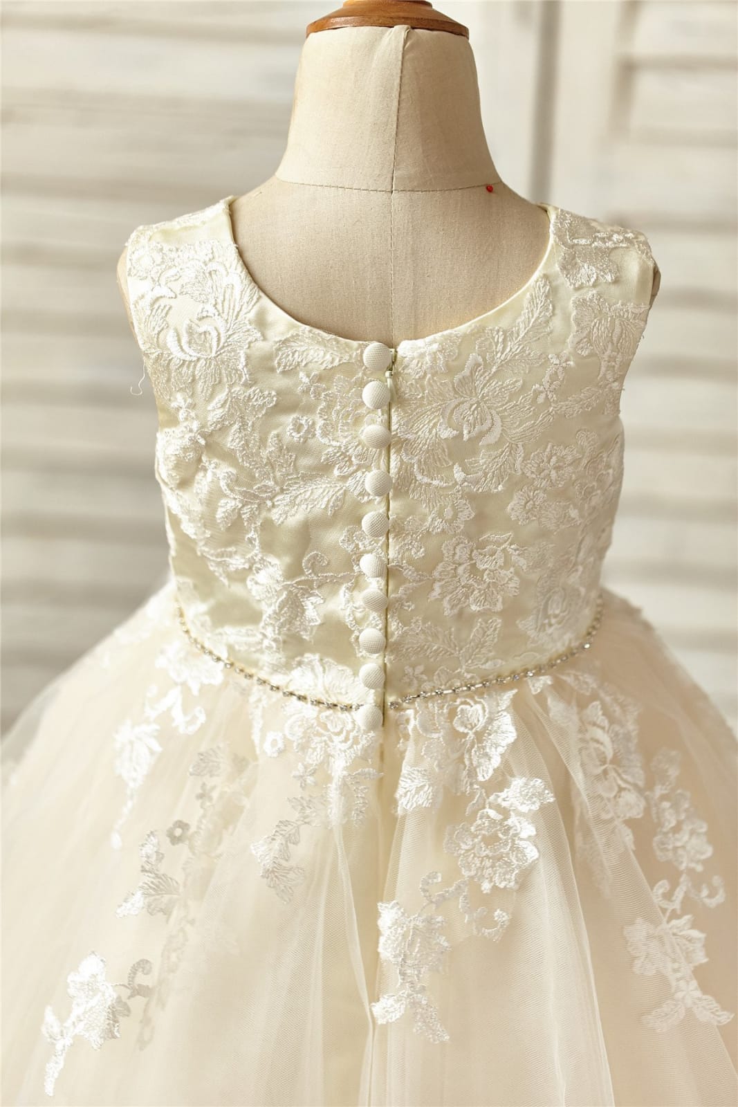 Champagne Satin Tulle Flower Girl Dress with Beaded Sash