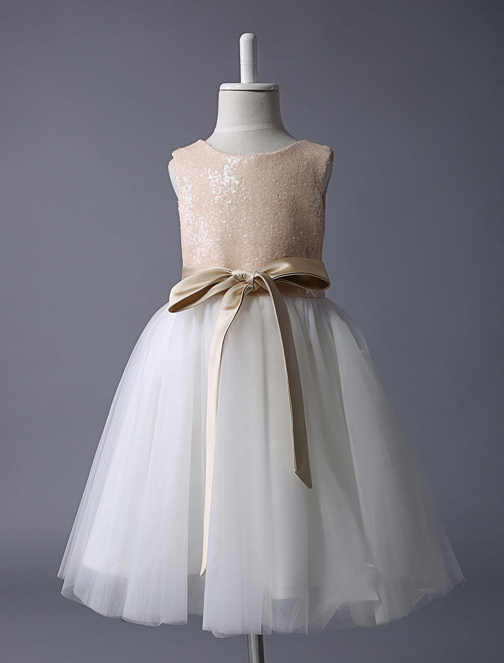 Champagne Sequin Tulle Pageant Dress A-line Short Dinner Dress With Bow Sash-showprettydress