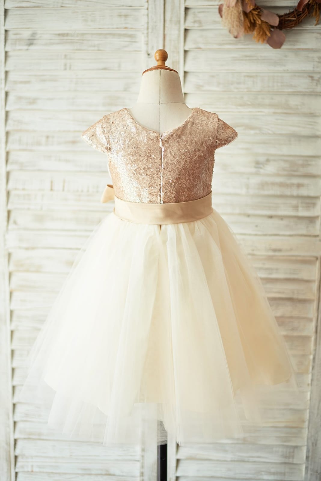 Champagne Sequin Tulle Flower Girl Dress with Cap Sleeves