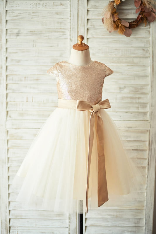 Champagne Sequin Tulle Flower Girl Dress with Cap Sleeves