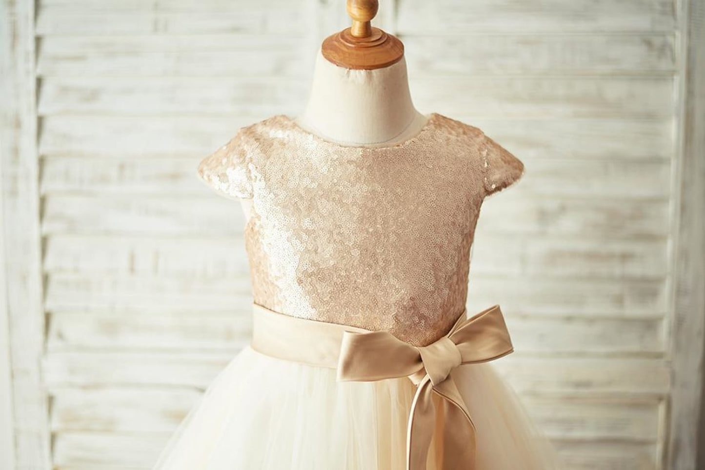 Champagne Sequin Tulle Flower Girl Dress with Cap Sleeves