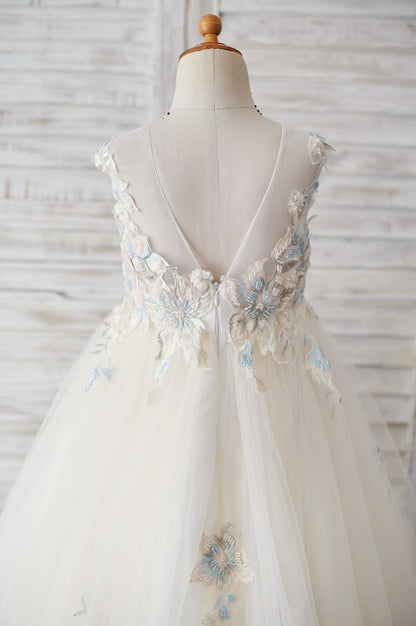 Champagne Tulle Beaded Lace V Back Wedding Flower Girl Dress