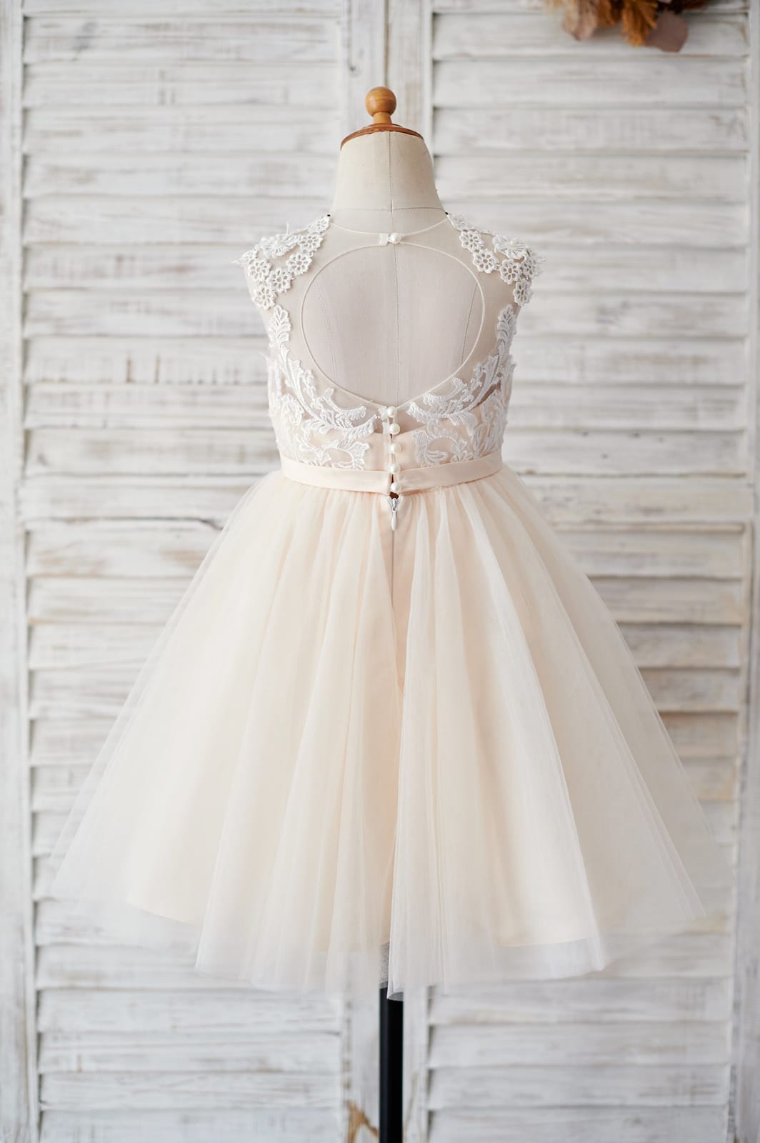 Champagne Tulle Ivory Lace Keyhole Back Wedding Flower Girl Dress