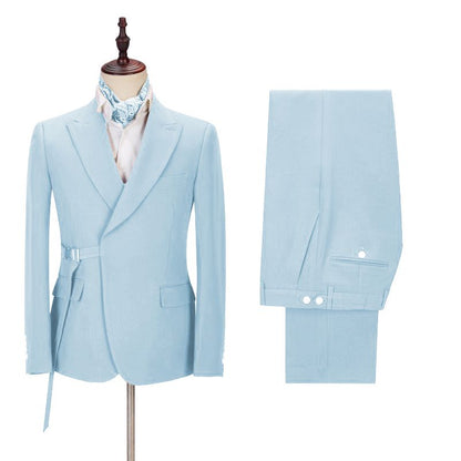 Chic Bespoke Sky Blue Peaked Lapel Men Suits with Adjustable Buckle-showprettydress