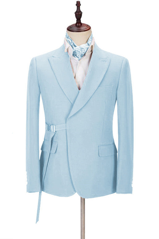 Chic Bespoke Sky Blue Peaked Lapel Men Suits with Adjustable Buckle-showprettydress