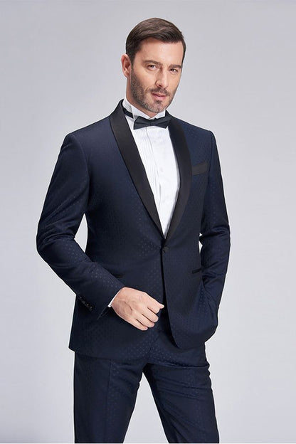 Chic Blue Dots Shawl Lapel Wedding Tuxedos Dark Navy Wedding Suits for Men-showprettydress