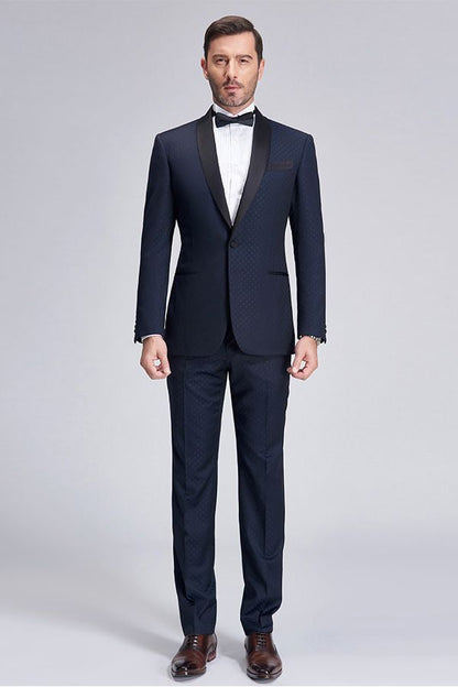 Chic Blue Dots Shawl Lapel Wedding Tuxedos Dark Navy Wedding Suits for Men-showprettydress