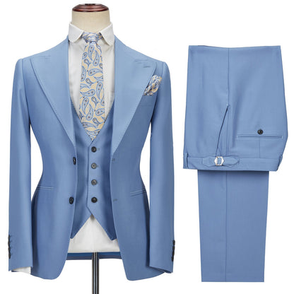 Chic Blue Peak Lapel Men's Suit 3 Piece Men's Formal Suit without Flap-showprettydress