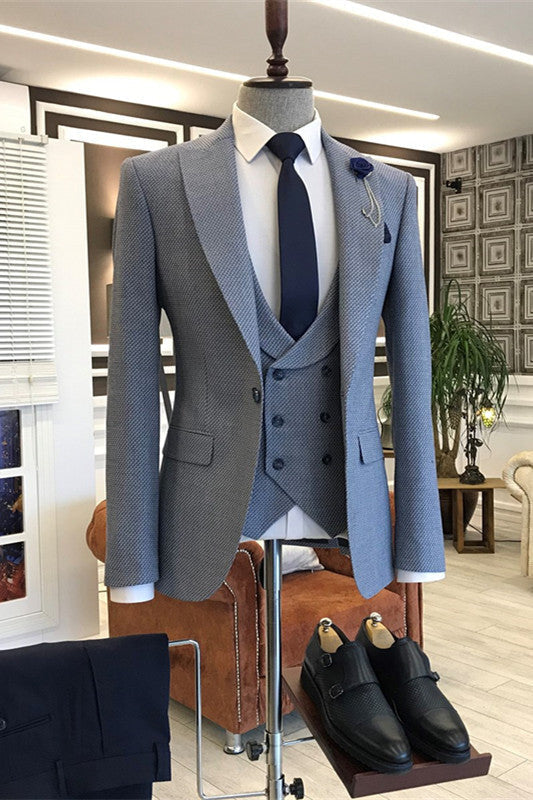 Elliott Chic Blue Peaked Lapel Three Pieces Men Suits For Prom