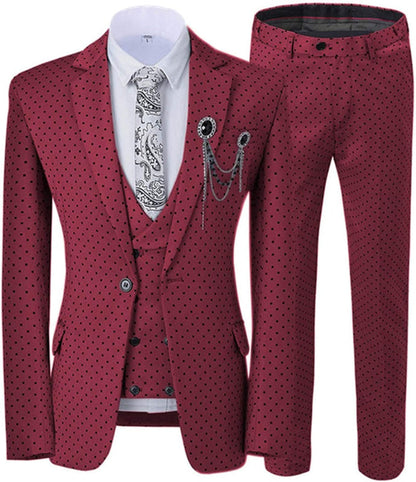 Hyman Chic Burgundy Notched Lapel Three Pieces Prom Suits With Black Dot