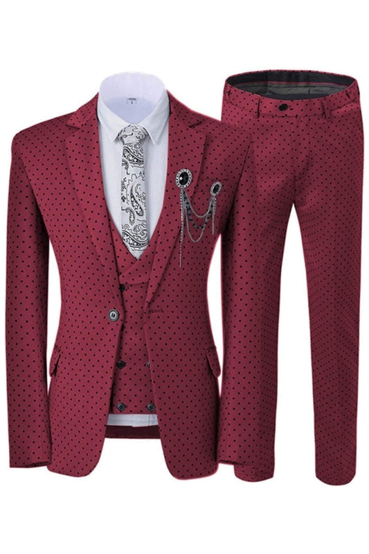 Hyman Chic Burgundy Notched Lapel Three Pieces Prom Suits With Black Dot