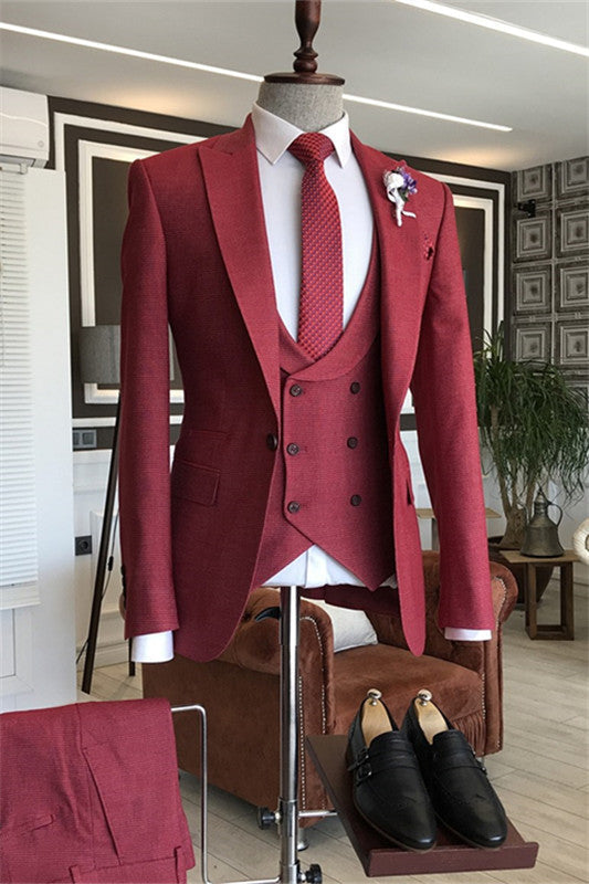 Channing Bespoke Burgundy Peaked Lapel Three Pieces Prom Suits