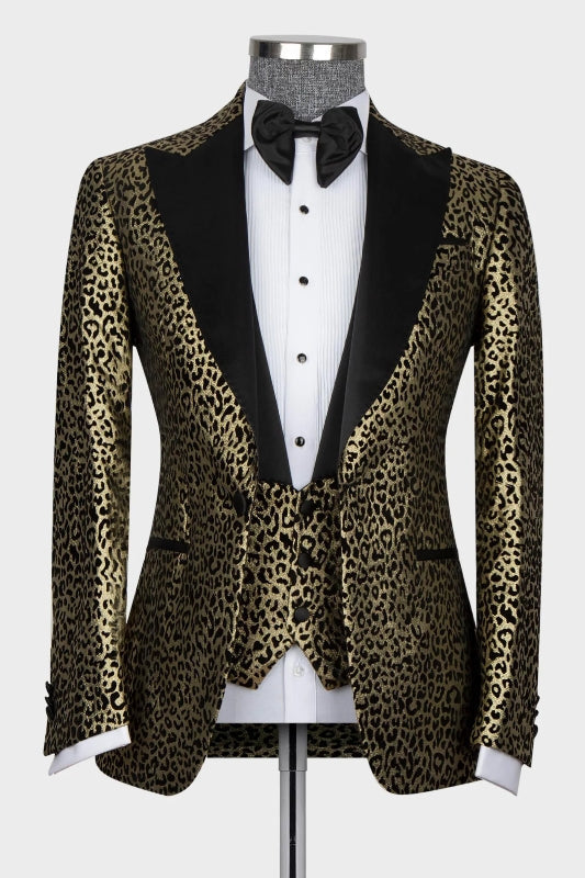 Henry Chic Gold Jacquard Peaked Lapel Three Pieces Prom Suits