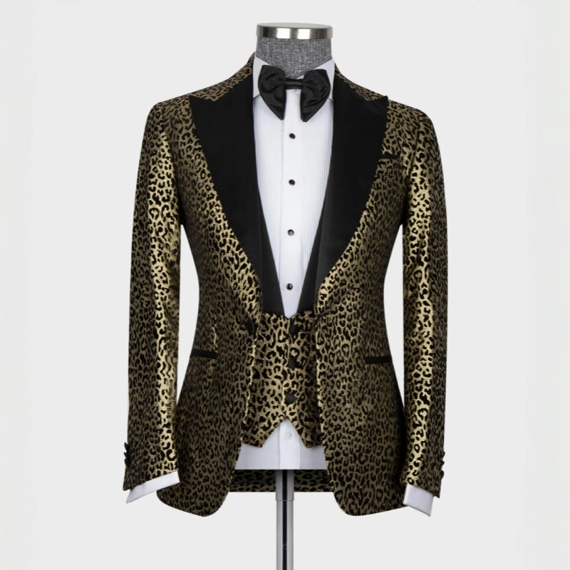 Henry Chic Gold Jacquard Peaked Lapel Three Pieces Prom Suits