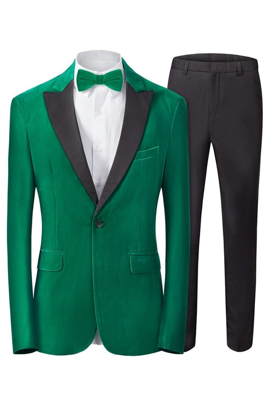 Blake Chic Green Peaked Lapel Two Pieces Velvet Men Suits For Prom