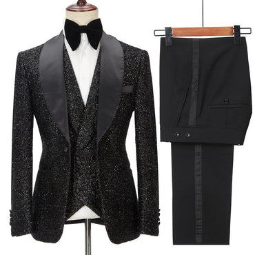 Chic Sparkly Black Three Pieces Shawl Lapel Bespoke Wedding Suit for Men-showprettydress