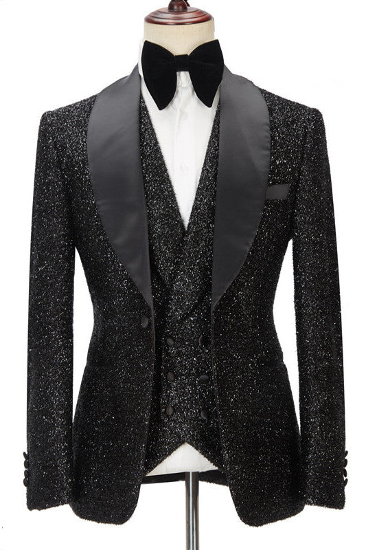 Chic Sparkly Black Three Pieces Shawl Lapel Bespoke Wedding Suit for Men-showprettydress