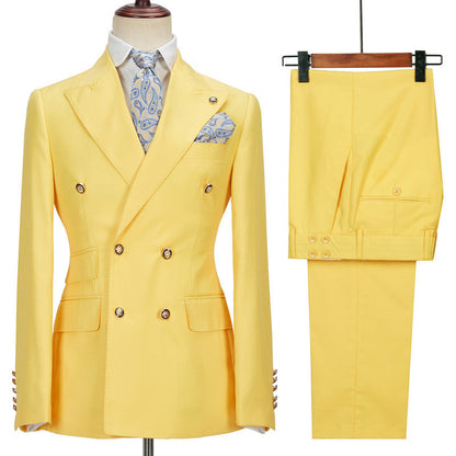 Chic Yellow Double Breasted Peaked Lapel Slim Fit Bespoke Men Suits-showprettydress