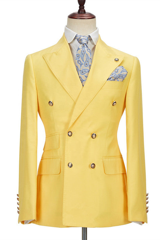 Chic Yellow Double Breasted Peaked Lapel Slim Fit Bespoke Men Suits-showprettydress