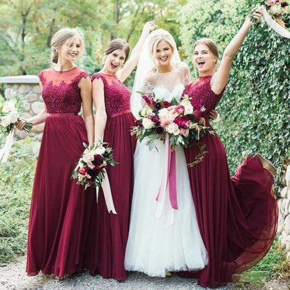 Floor Length Beach Lace Chiffon Jewel Wine Bridesmaid Dresses