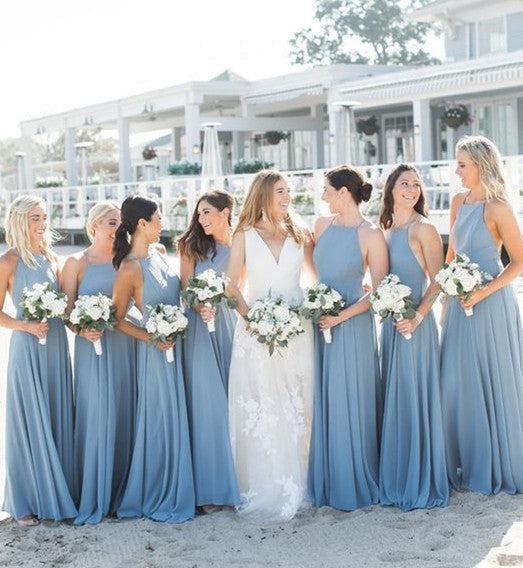 Roycebridal Simple Sheath Ruffles Long Dusty Blue Bridesmaid Dresses under 100