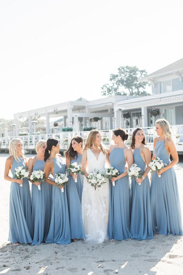 Roycebridal Simple Sheath Ruffles Long Dusty Blue Bridesmaid Dresses under 100