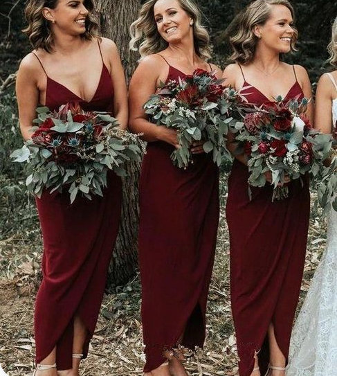 Simple Chiffon V Neck Spaghetti Strap Burgundy Bridesmaid Dresses ROYCEBRIDAL OFFICIAL STORE