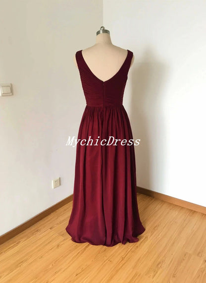 Roycebridal Sleeveless Long V-Neck Chiffon Bridesmaid Dresses Burgundy