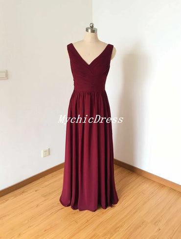 Roycebridal Sleeveless Long V-Neck Chiffon Bridesmaid Dresses Burgundy