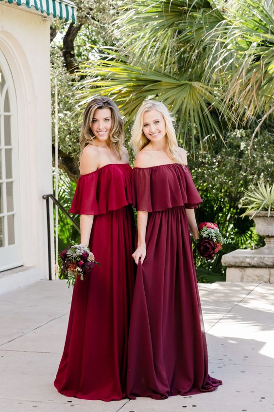 Roycebridal Cheap Long Off the Shoulder Burgundy Chiffon Boho Bridesmaid Dresses