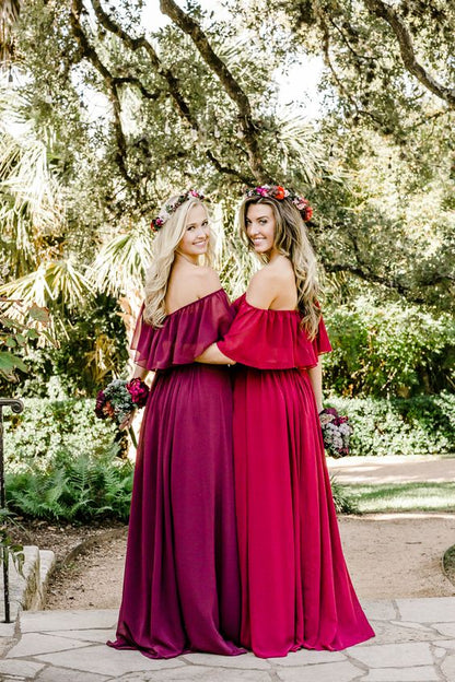 Roycebridal Cheap Long Off the Shoulder Burgundy Chiffon Boho Bridesmaid Dresses