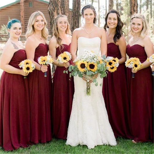 Sweetheart Burgundy Bridesmaid Dresses Chiffon Long Wedding Guest Dress